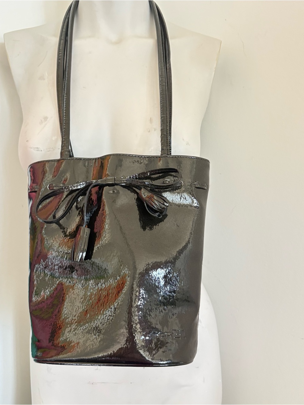 Patent Leather Shoulder Tote - Black
